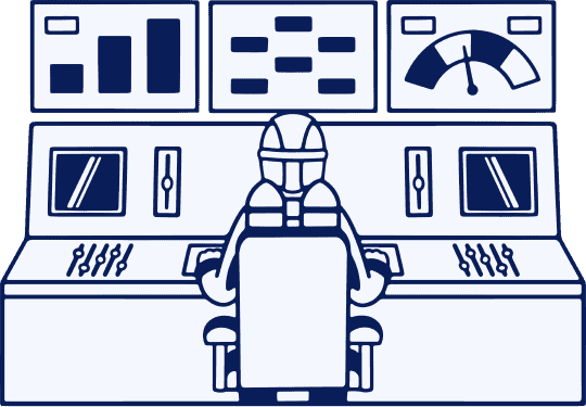 Illustration of someone sitting in front of a large dashboard with various dials and buttons