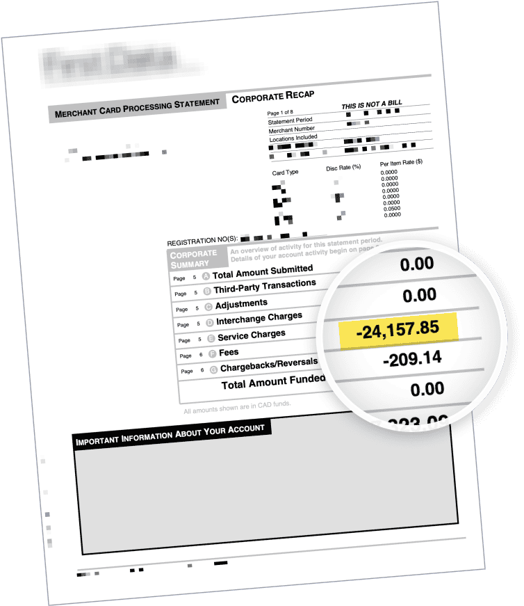 Credit card processing statement showing $24,157.85 in service charges