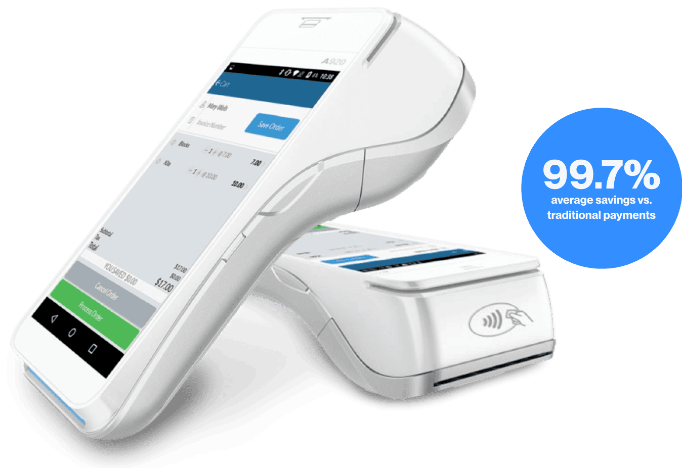 2 Rescue smart terminals with a badge displaying 99.7% average savings versus traditional payments